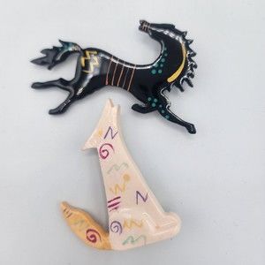 Southwest Brooch Coyote Wild Spirit Horse Native Wood Resin Petroglyph Set of 2